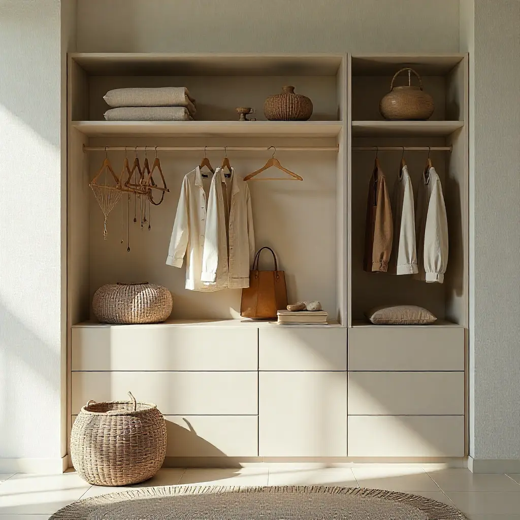 Estantería minimalista con objetos decorativos y textiles organizados