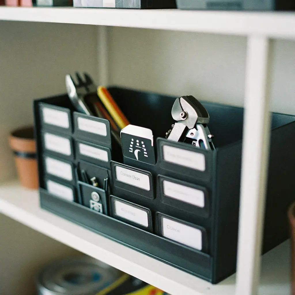 Organizador profesional trabajando en estantería con sistema minimalista